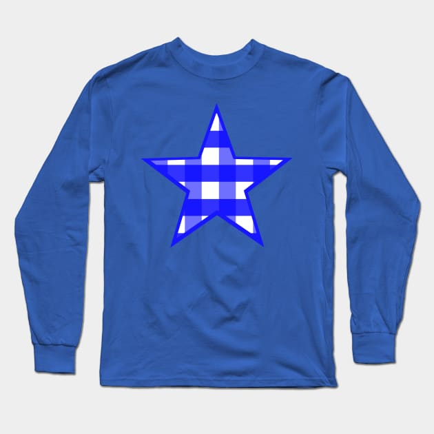 Cobalt Blue and White Buffalo Plaid Star Long Sleeve T-Shirt by bumblefuzzies